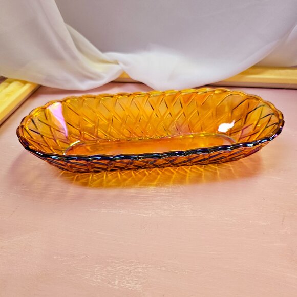 Indiana Glass Iridescent Amber Pretzel, Celery, Bread, Serving Dish, Carnival - Picture 3 of 8
